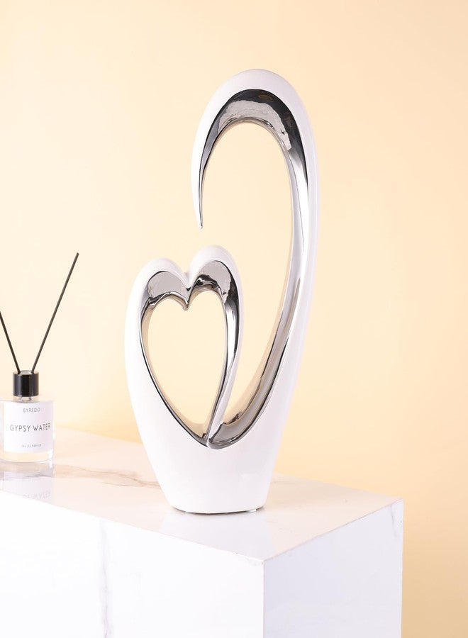 oliruim OliRium Silver White Heart Sculpture - Ceramic Silver Double Heart Couple Decor Art Statue for Wedding, Valentine's Day Decor, Living Room Coffee Table Centerpiece (Tall) - Image 3